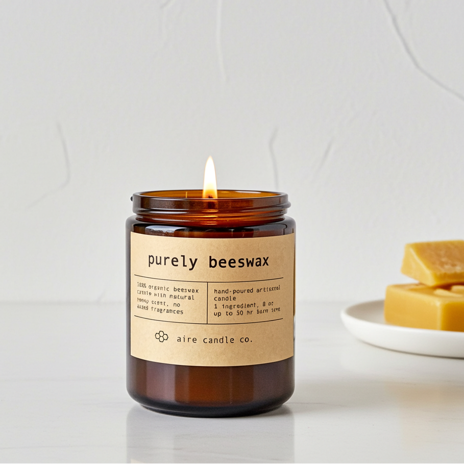 Purely Beeswax candle in an amber jar with a lit flame on a white background.