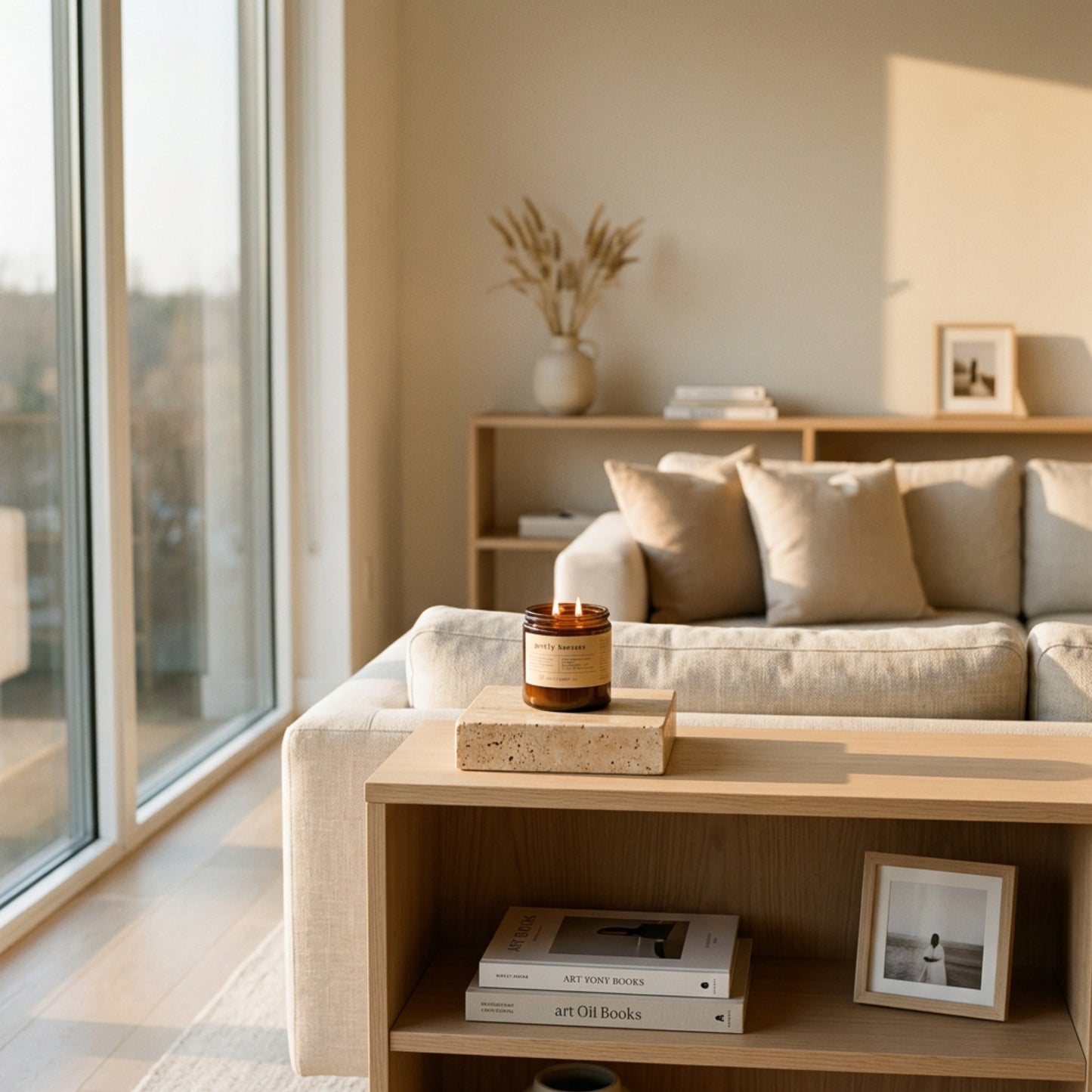 Cozy living room with a beige sofa, wooden coffee table, and purely beeswax candle.