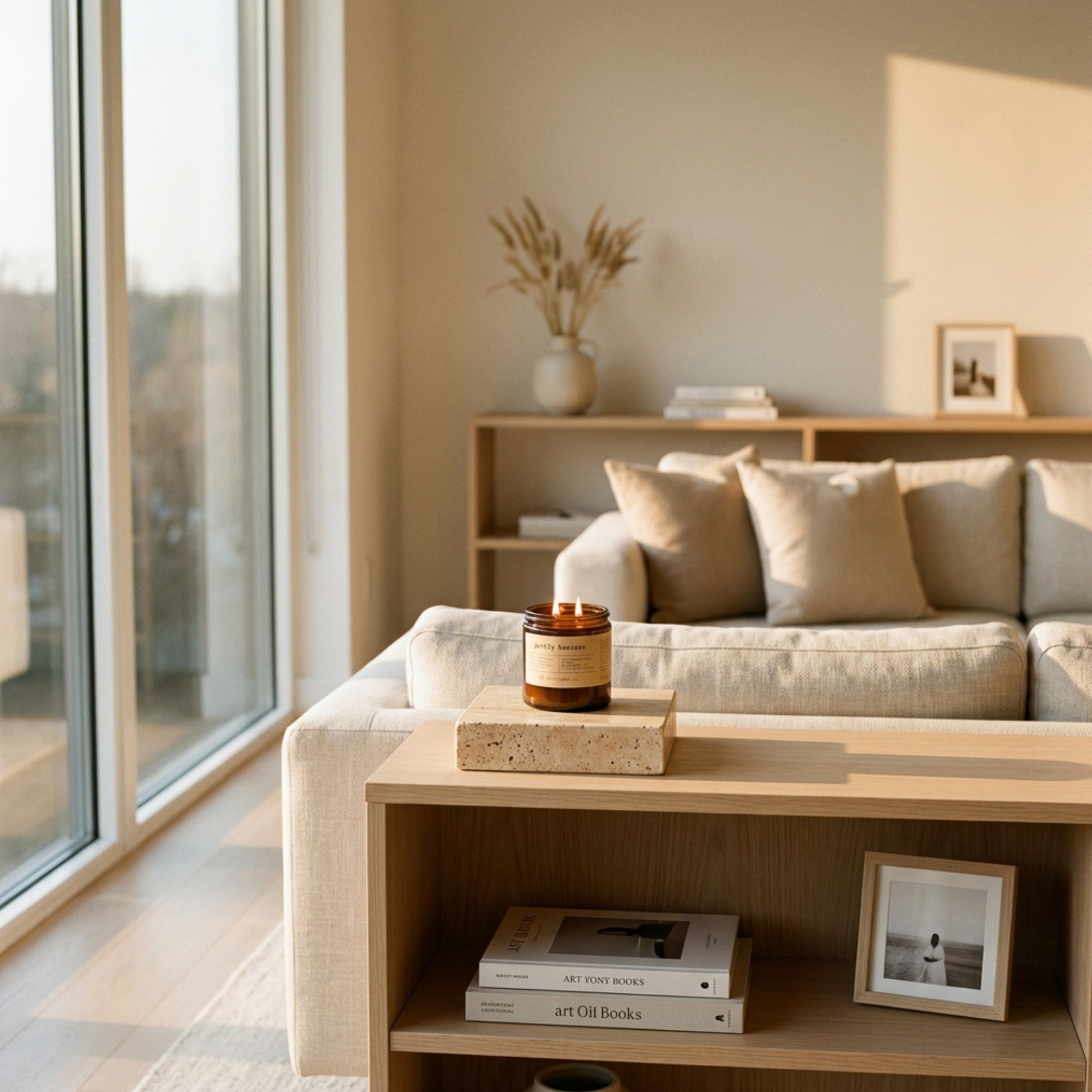 Cozy living room with a beige sofa, wooden coffee table, and purely beeswax candle.
