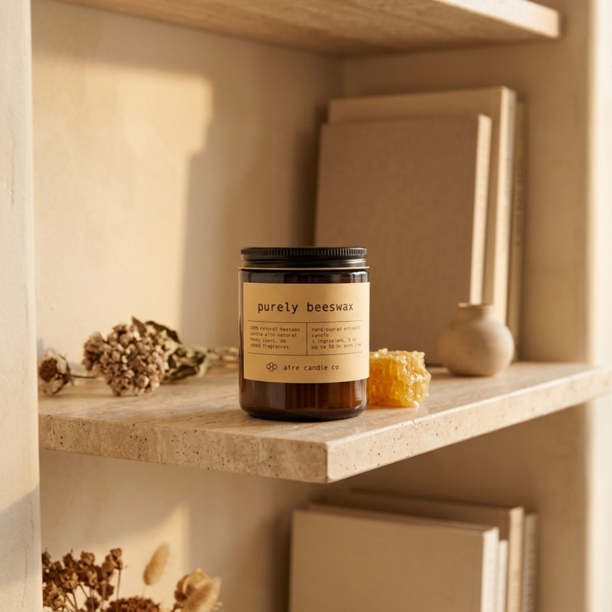 Purely Beeswax candle on a travertine shelf with natural light