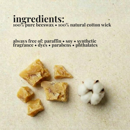 Beeswax and cotton boll with text listing ingredients on a beige background