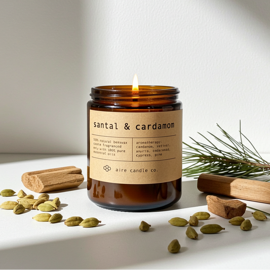 Candle labeled 'santal & cardamom' with sandalwood sticks and cardamom seeds on a white surface.
