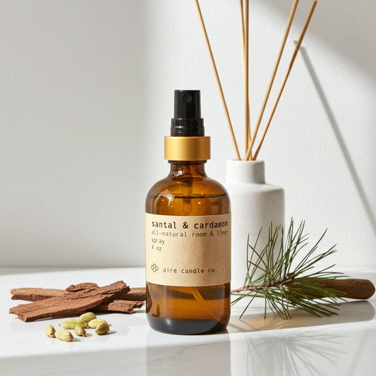A bottle of Santal & Cardamom room spray with sandalwood sticks and a diffuser on a white surface.