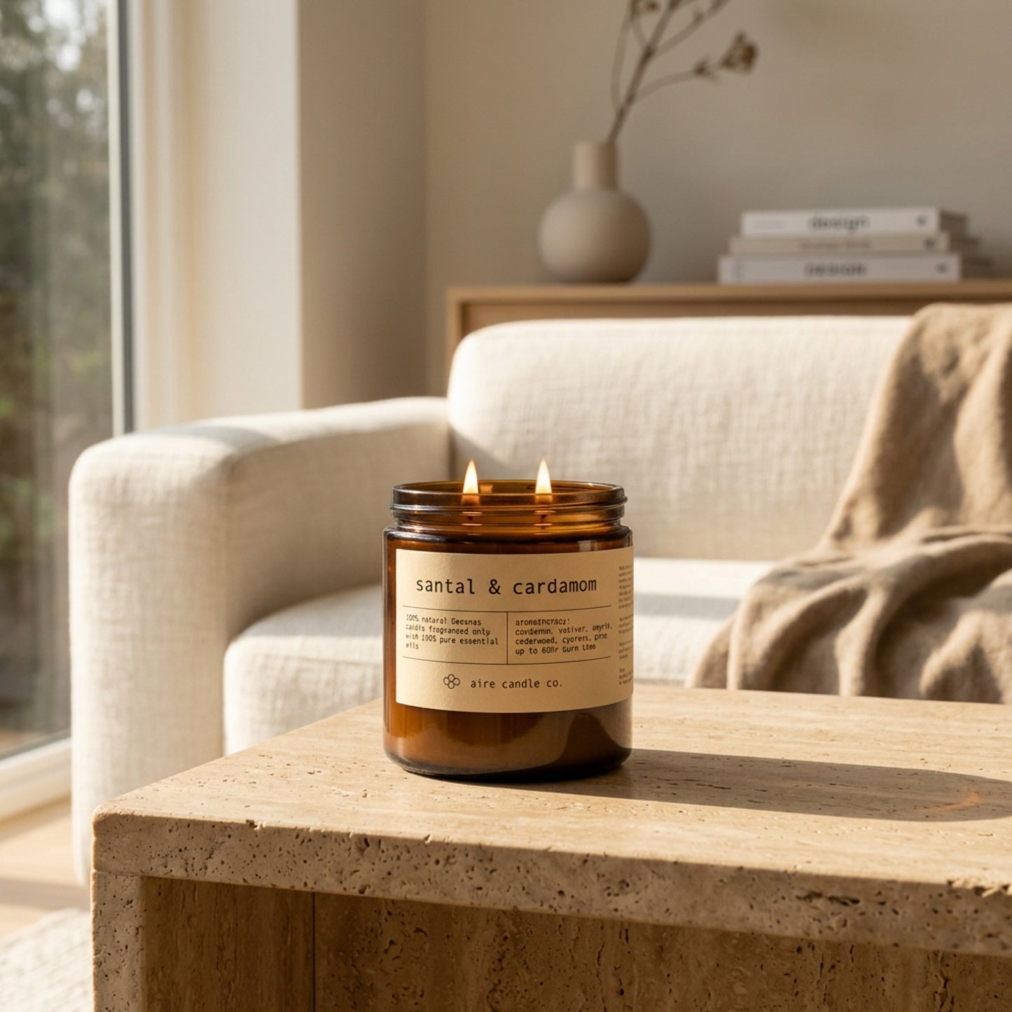 16 oz beeswax candle by aire candle co. labeled 'santal & cardamom' on a travertine surface in a cozy living room.