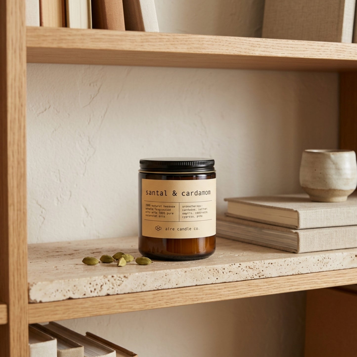 Beeswax candle labeled 'santal & cardamom' by aire candle co. on a travertine shelf with books and decorative items.