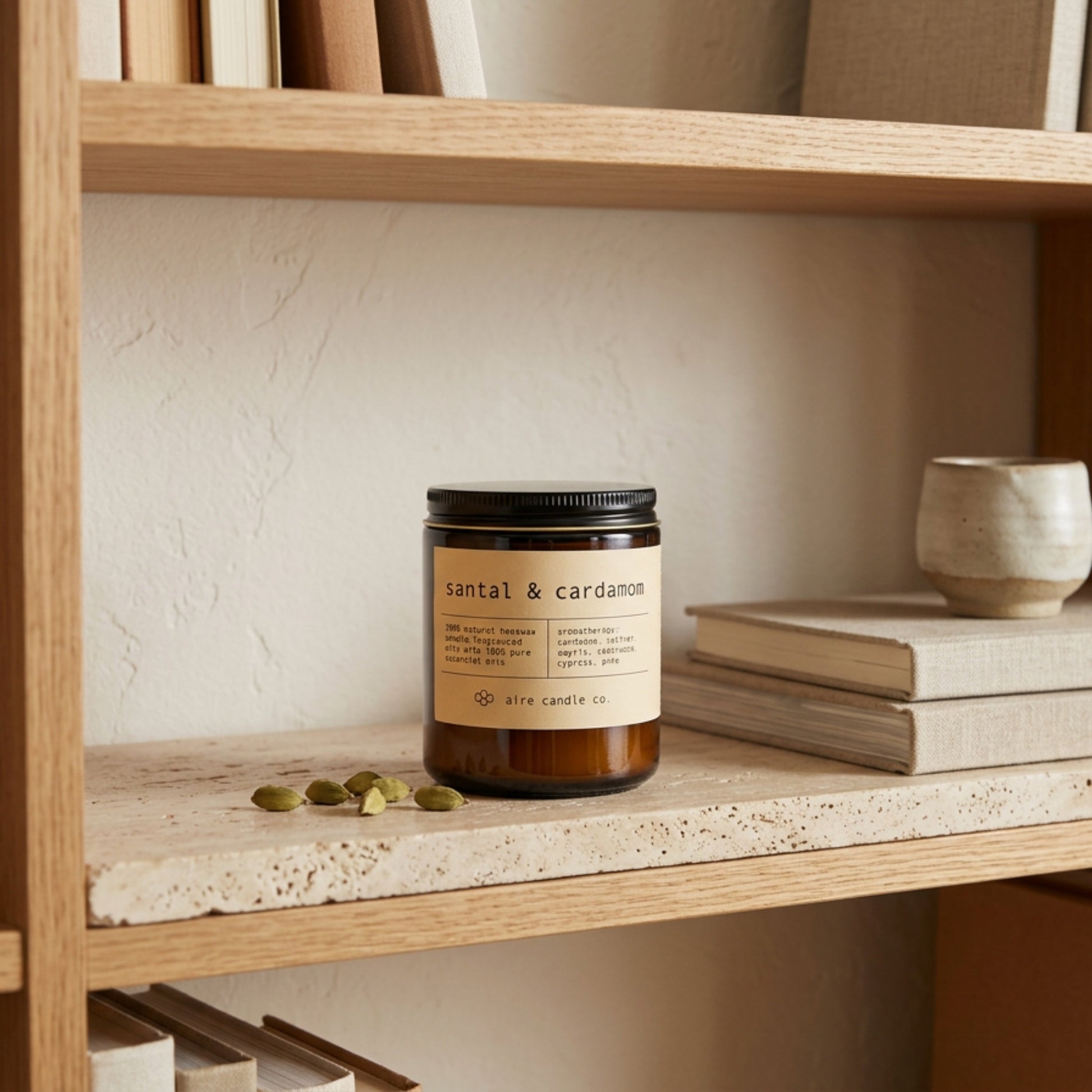 Beeswax candle labeled 'santal & cardamom' by aire candle co. on a travertine shelf with books and decorative items.