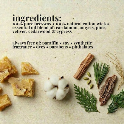 Ingredients list for aire candle co.'s santal & cardamom essential oil scented beeswax candle with natural materials on a textured background