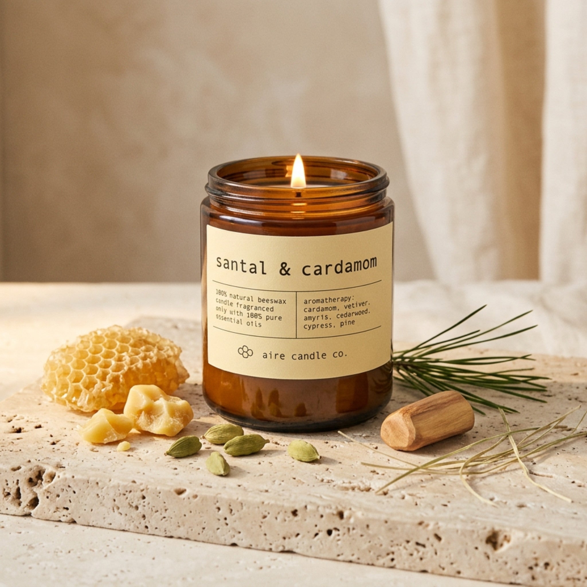 Santal & Cardamom Beeswax Candle | Warm & Earthy – aire candle co.