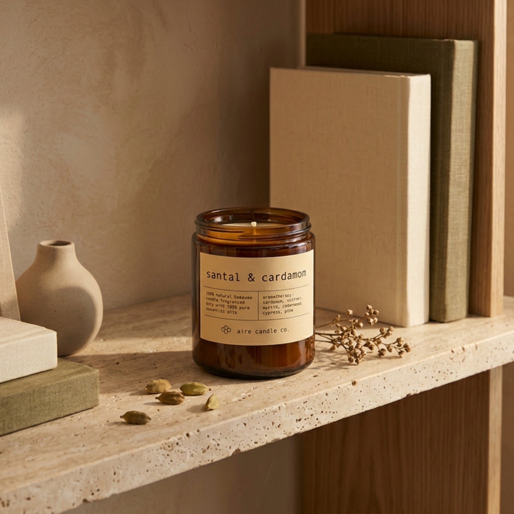 Scented candle labeled 'santal & cardamom' on a shelf with books and a vase.