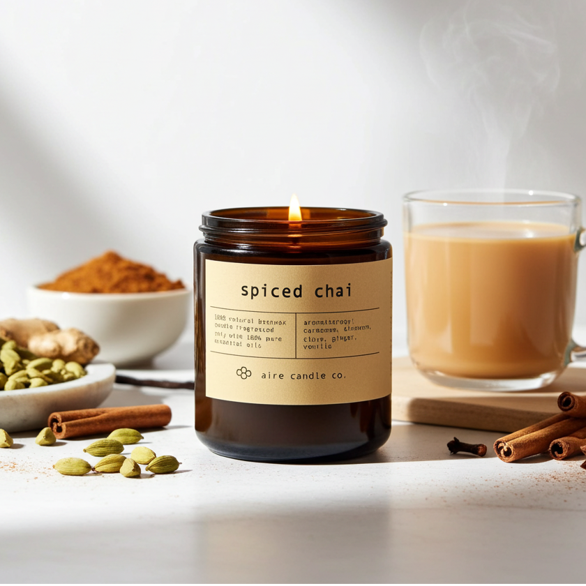 Spiced chai candle with a cup of tea and tea ingredients on a white surface