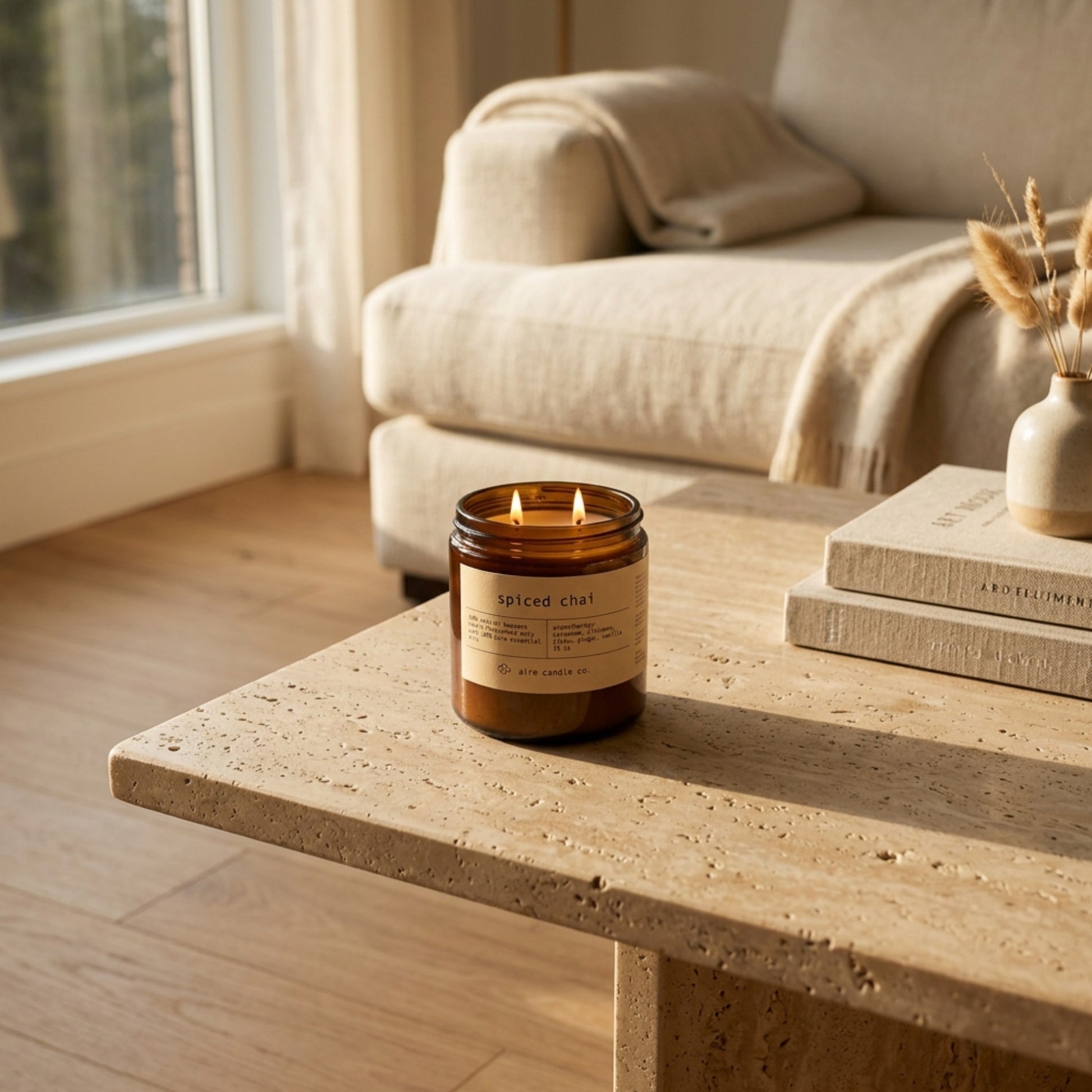 16 oz beeswax candle by aire candle co. labeled 'spiced chai' on a travertine surface in a cozy living room.