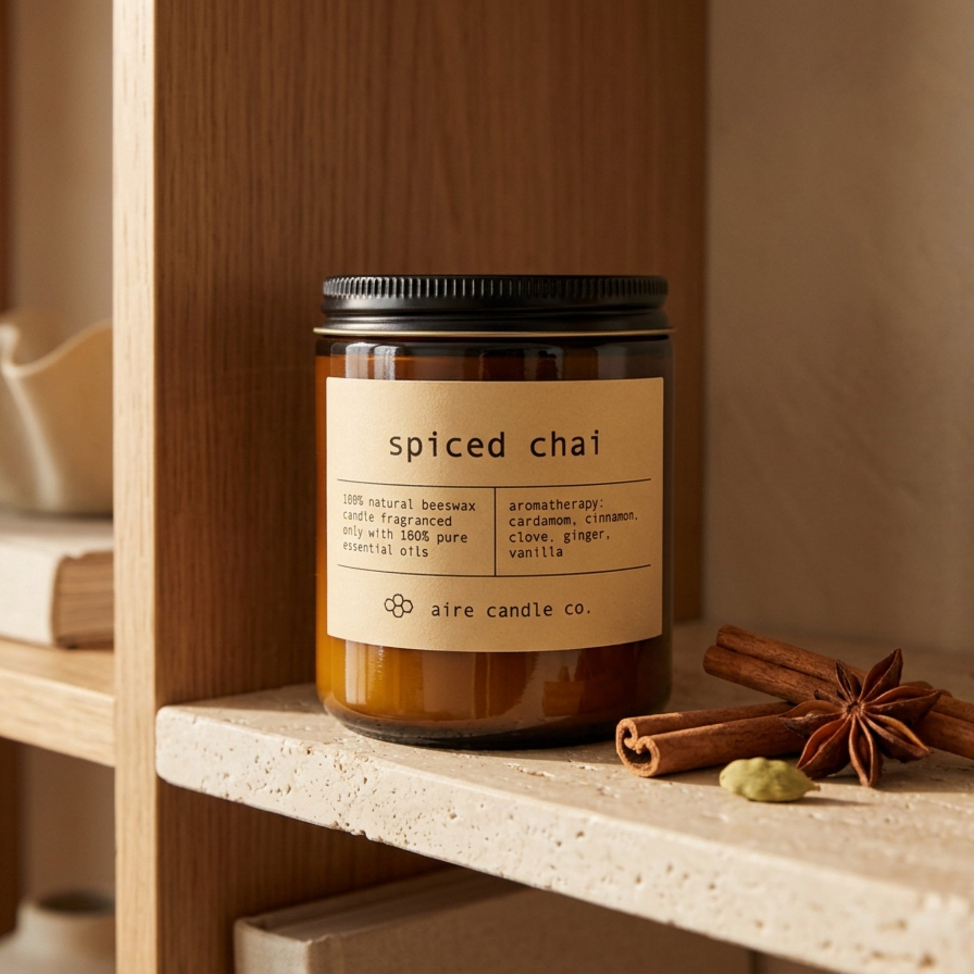 Spiced chai candle on a wooden shelf with cinnamon sticks and star anise.