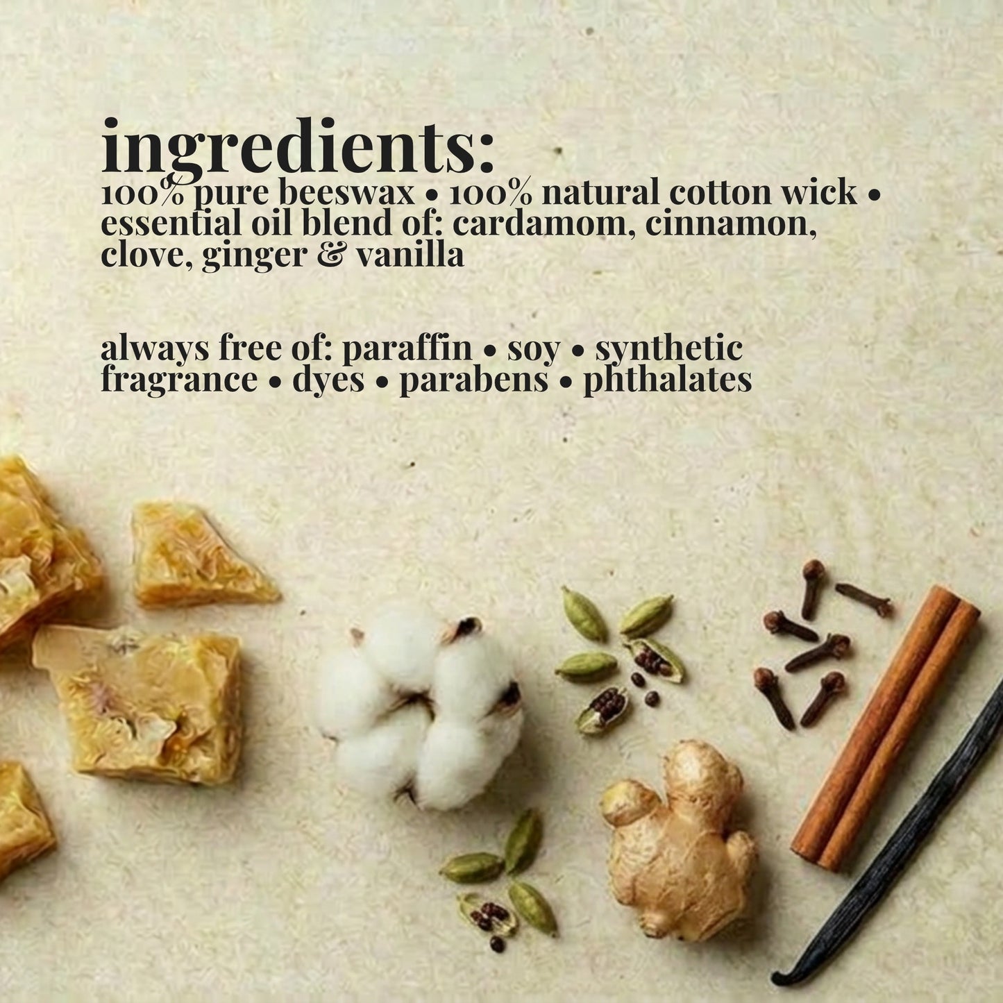 Ingredients list for aire candle co.'s spiced chai essential oil scented beeswax candle with natural materials on a textured background
