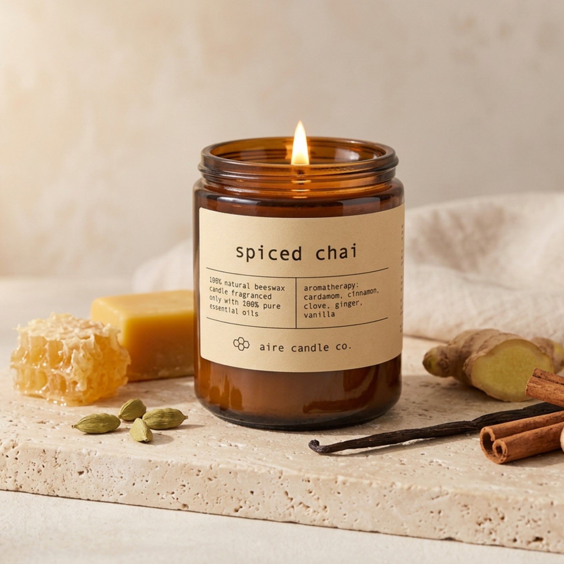 spiced chai beeswax candle by aire candle co. with natural elements on a travertine surface.