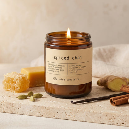spiced chai beeswax candle by aire candle co. with natural elements on a travertine surface.
