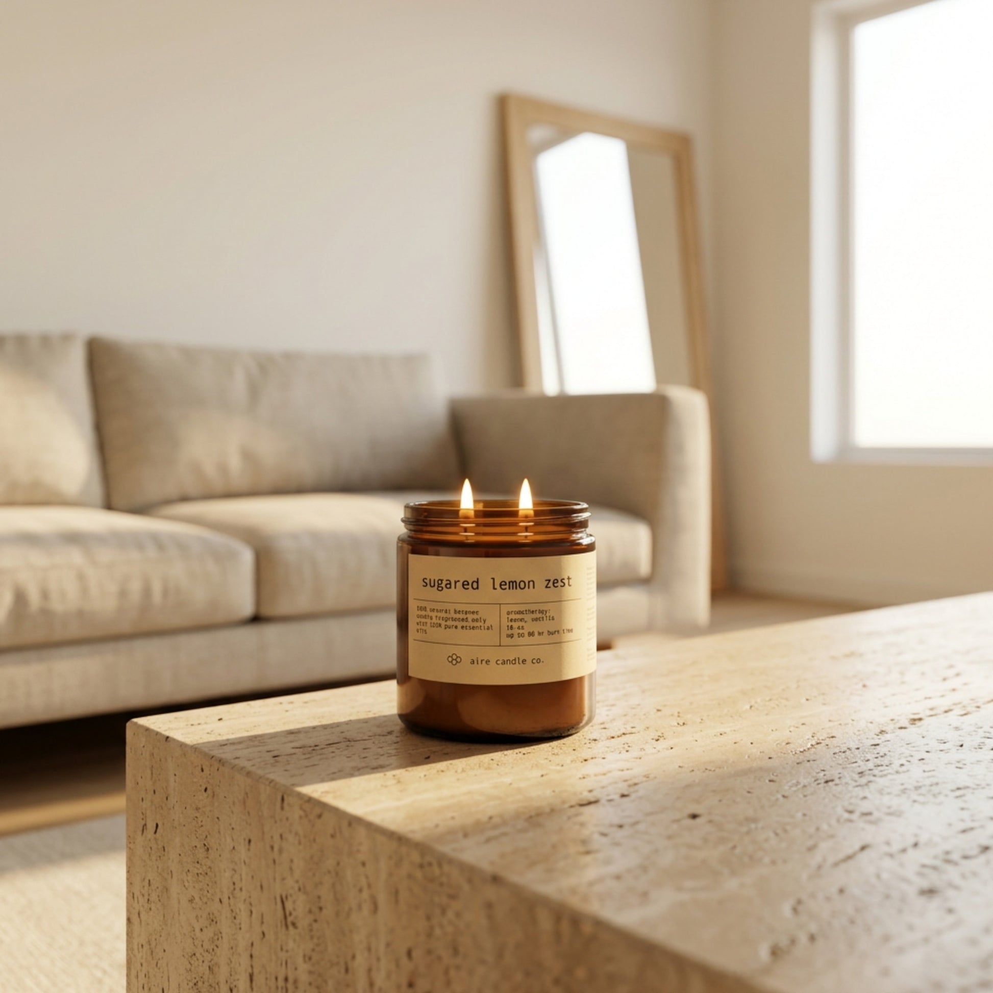 16 oz beeswax candle by aire candle co. labeled 'sugared lemon zest' on a travertine surface in a cozy living room.