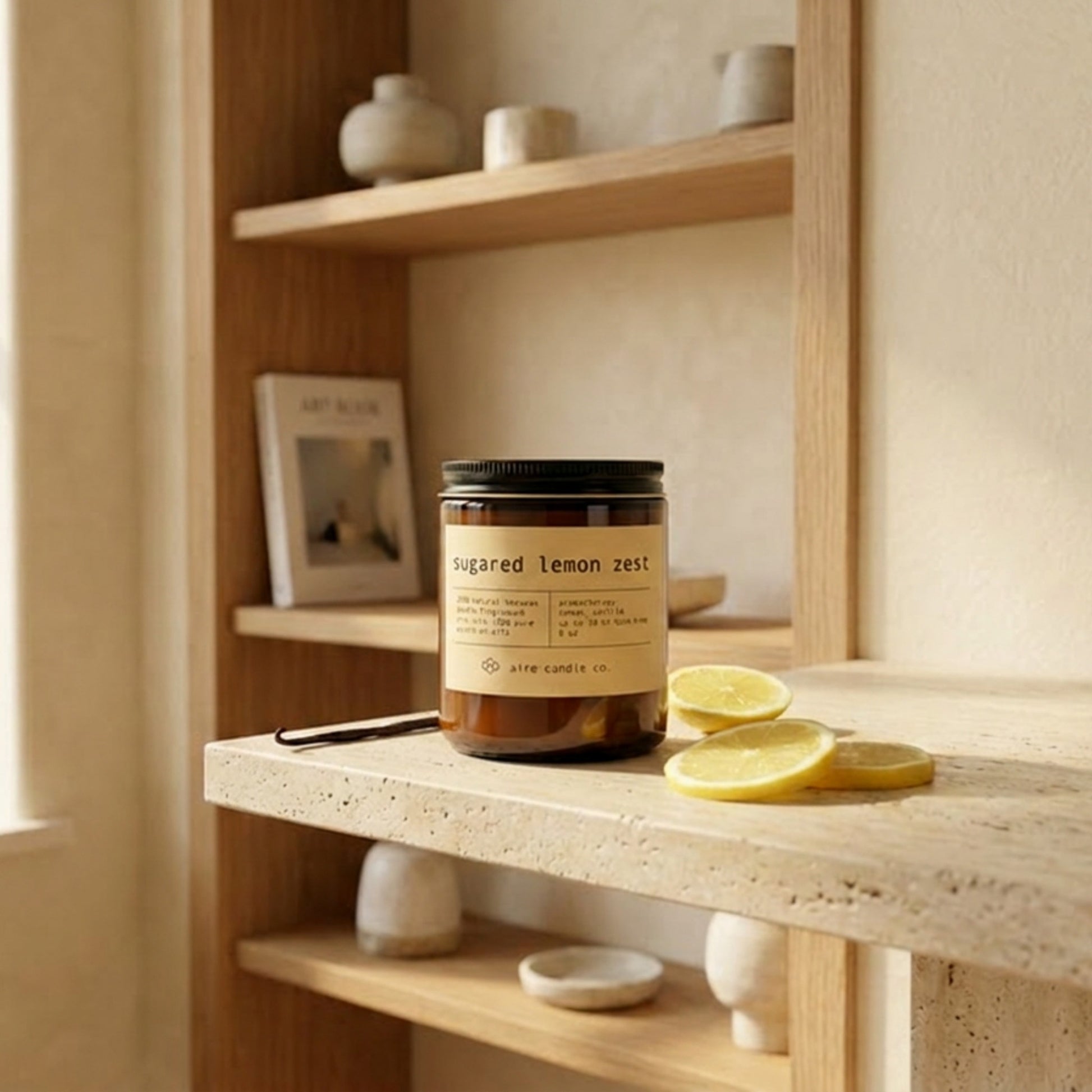 Jar of 'Sugared Lemon Zest' candle on a wooden shelf with lemon slices.