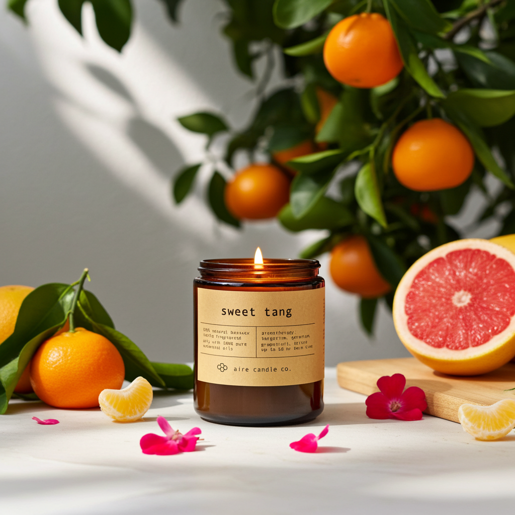 Candle labeled 'sweet tang' surrounded by oranges and a grapefruit on a wooden surface.