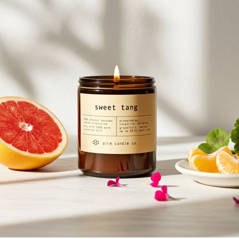 Candle labeled 'sweet tang' with a grapefruit and tangerines on a light background