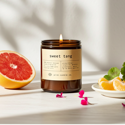 Candle labeled 'sweet tang' with a grapefruit and tangerines on a light background