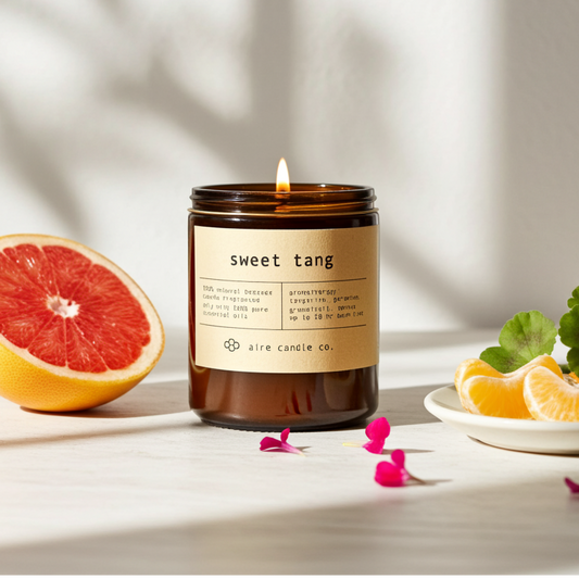 Candle labeled 'sweet tang' with a grapefruit and tangerines on a light background