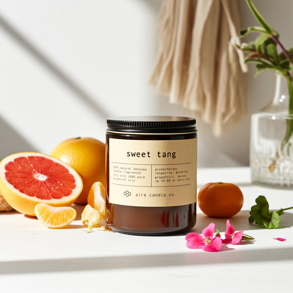 Candle labeled 'sweet tang' with fruits and flowers on a light surface
