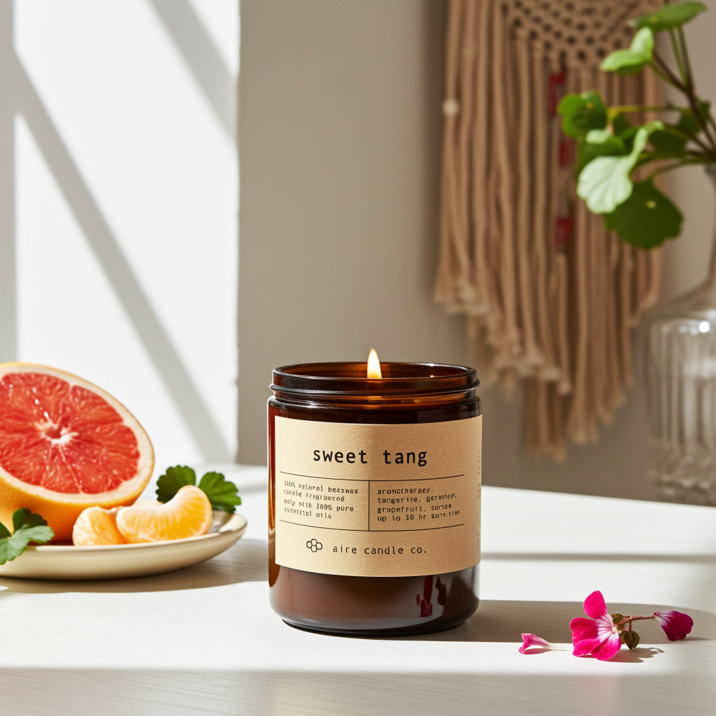 Candle labeled 'sweet tang' on a table with fruits and decor in the background