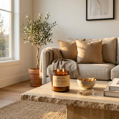 16 oz beeswax candle by aire candle co. labeled 'sweet tang' on a travertine surface in a cozy living room.
