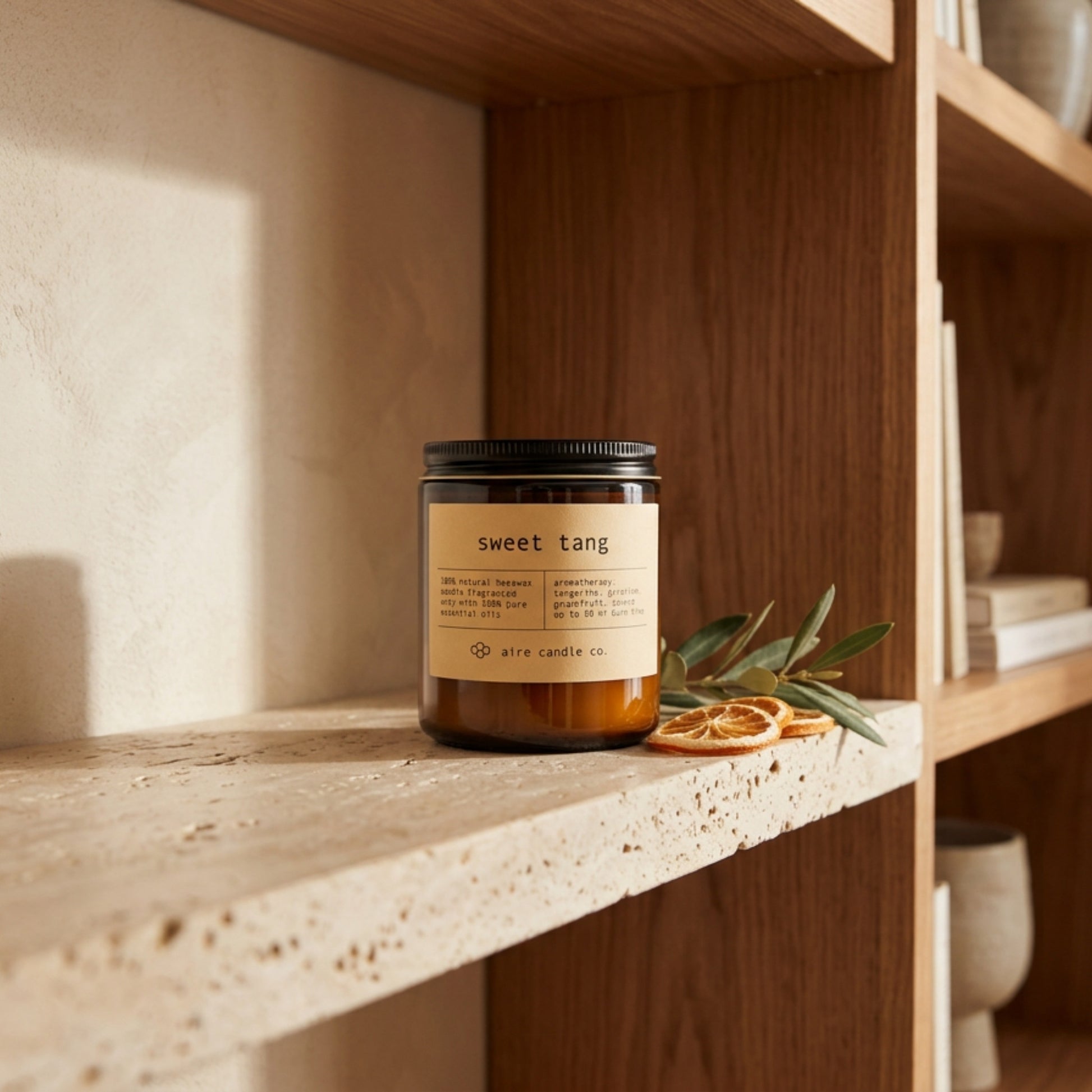 Candle labeled 'sweet tang' on a wooden shelf with books and decor.