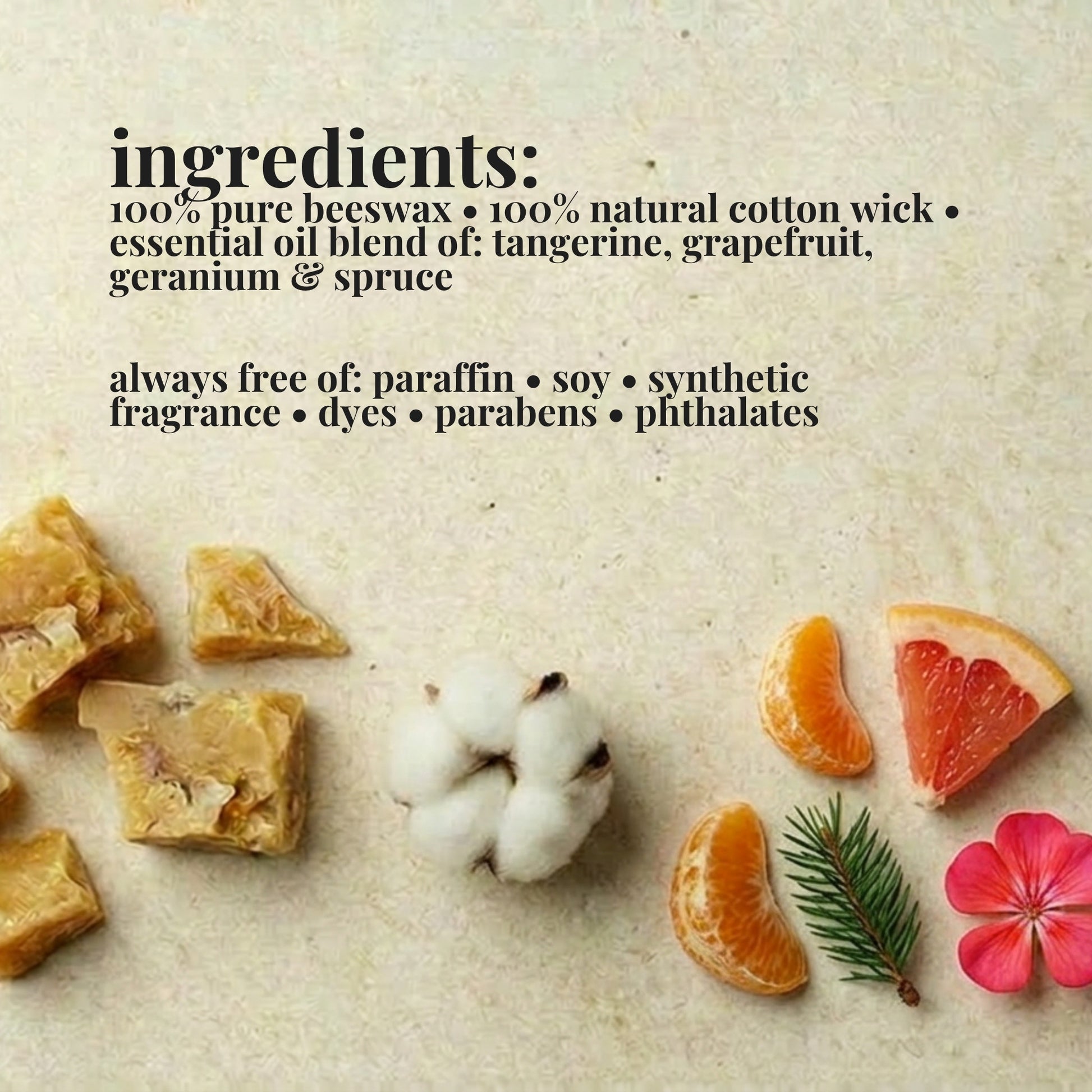 Ingredients list for aire candle co.'s sweet tang essential oil scented beeswax candle with natural materials on a textured background