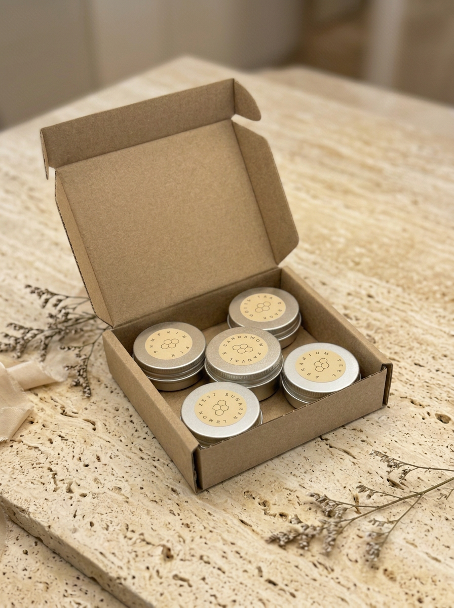 A set of five beeswax tea lights housed in champagne-colored tin tea light containers inside a cardboard box sitting atop a travertine surface.