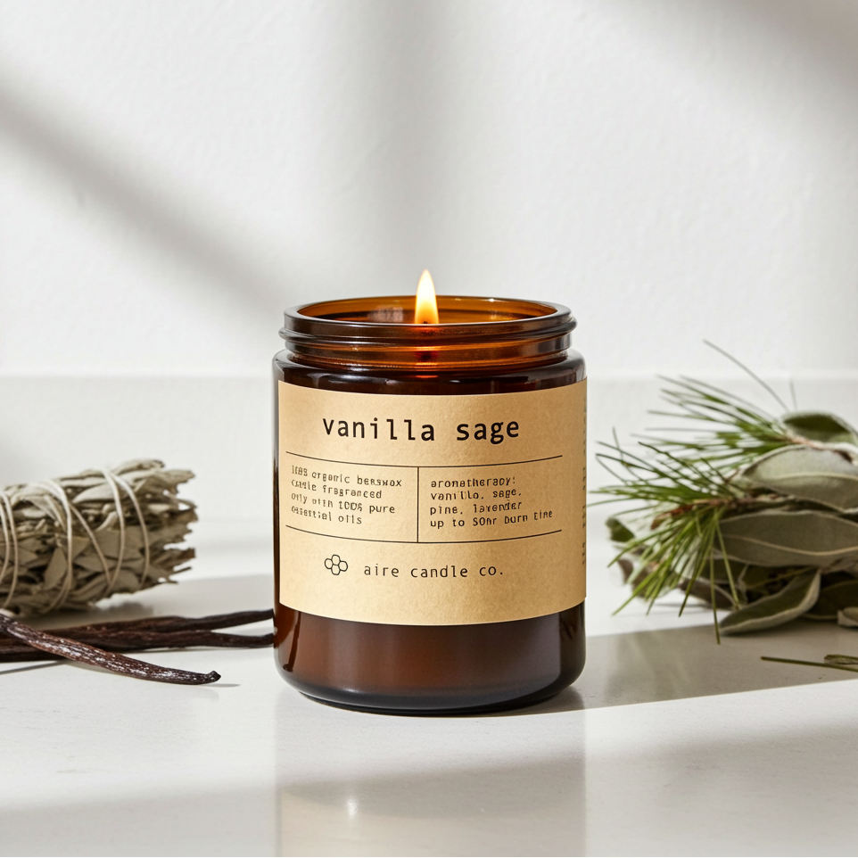 Vanilla sage candle with a label on a white surface with natural elements.