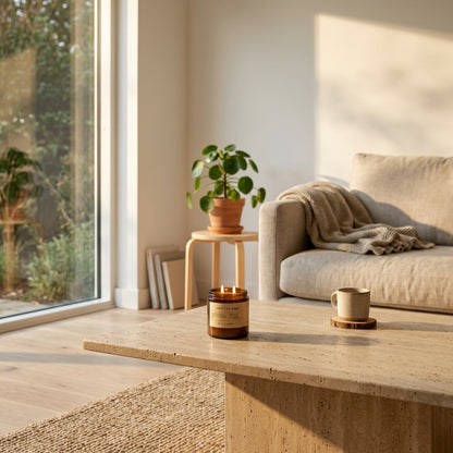 16 oz beeswax candle by aire candle co. labeled 'vanilla sage' on a travertine surface in a cozy living room.