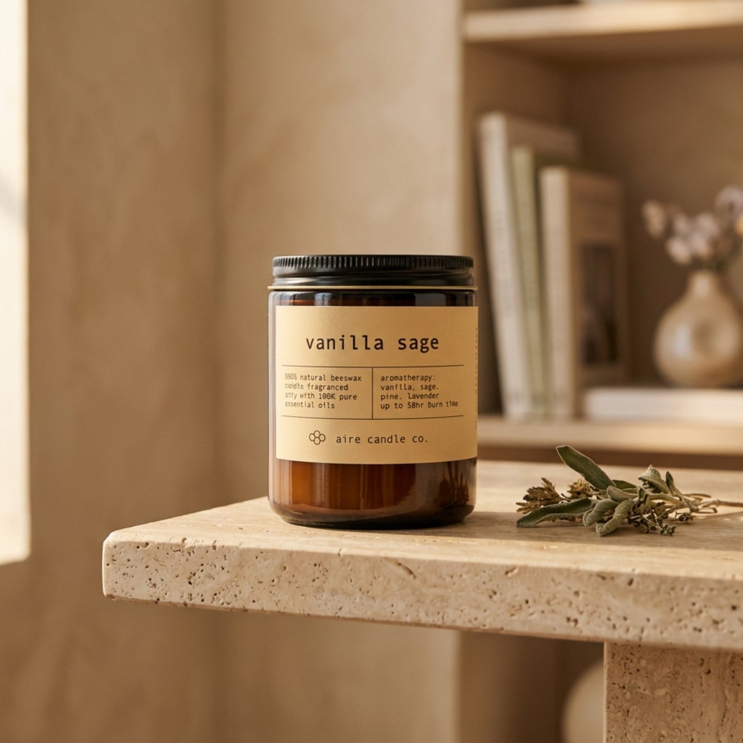 Beeswax candle labeled 'vanilla sage' by aire candle co. on a travertine shelf with books and decorative items.