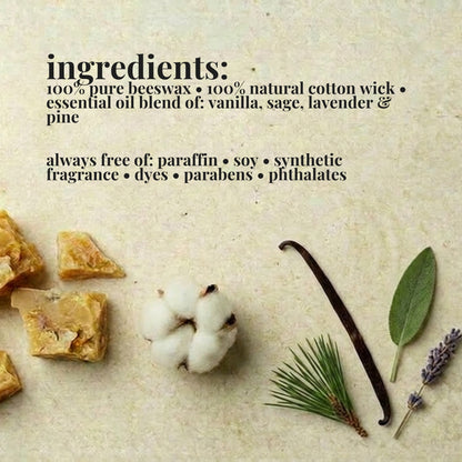 Ingredients list for aire candle co.'s vanilla sage essential oil scented beeswax candle with natural materials on a textured background