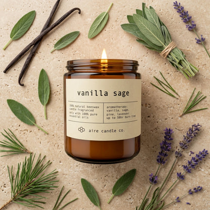 Vanilla sage candle with vanilla beans, sage leaves, and lavender flowers on a beige background