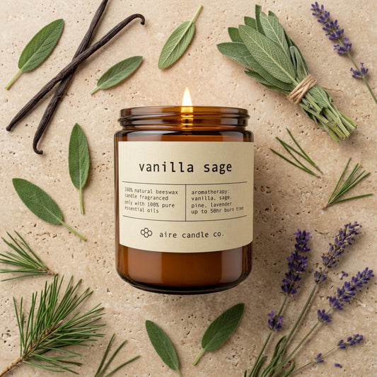 Vanilla sage candle with vanilla beans, sage leaves, and lavender flowers on a beige background