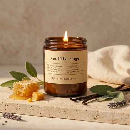 Vanilla sage candle with honeycomb, vanilla beans, sage, and lavender on a neutral background
