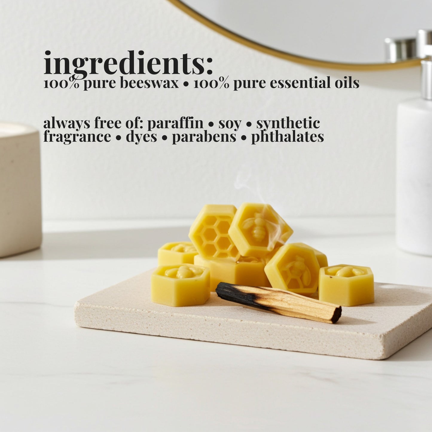 Beeswax melts on a travertine board next to a burning stick of palo santo with a white background and text about ingredients.