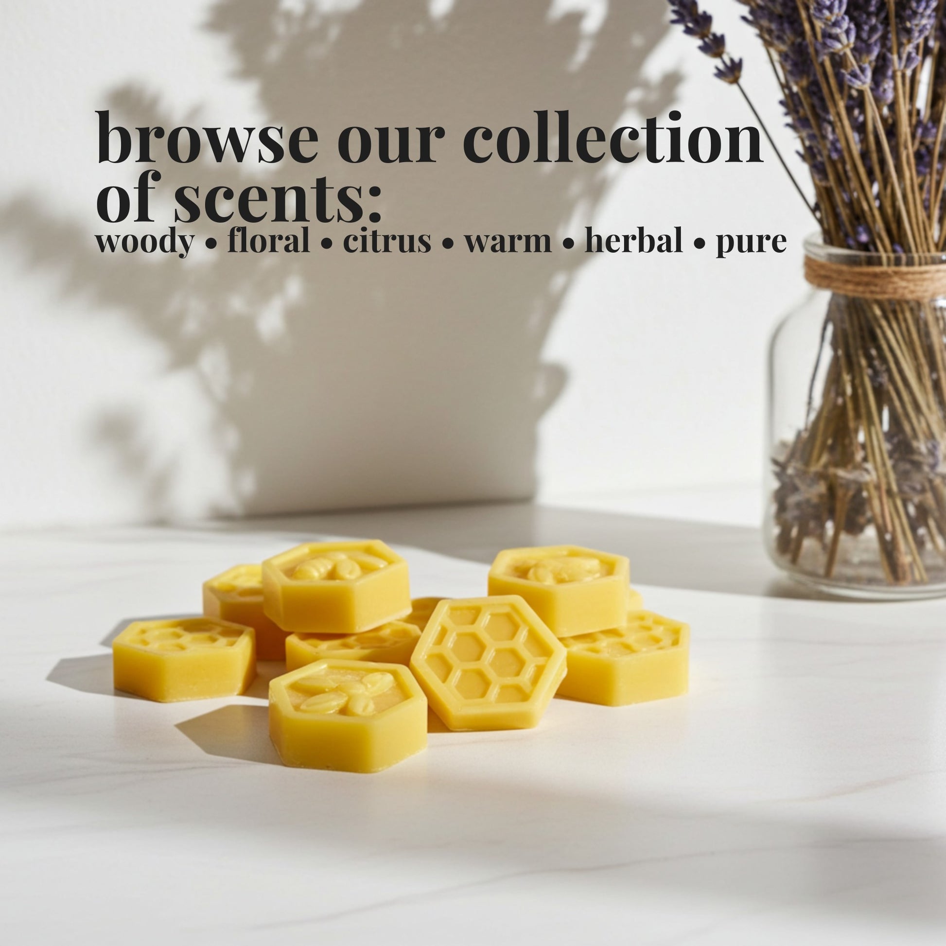 Hexagonal wax melts on a white surface with a jar of lavender in the background, text overlay about scent options.