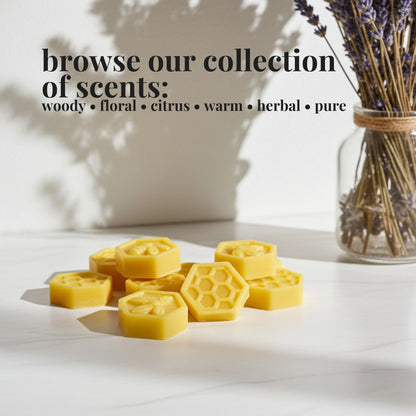 Hexagonal wax melts on a white surface with a jar of lavender in the background, text overlay about scent options.