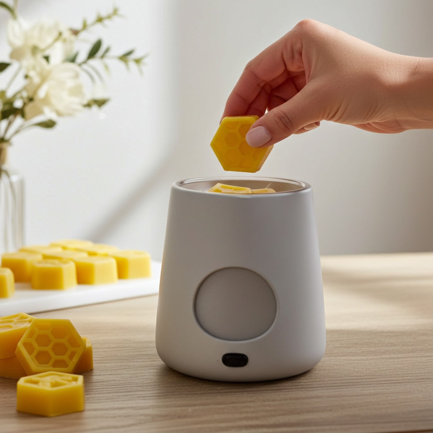Hand placing a honeycomb-shaped wax melt into a white electronic wax melter on a wooden surface with flowers in the background.