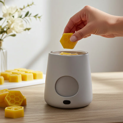 Hand placing a honeycomb-shaped wax melt into a white electronic wax melter on a wooden surface with flowers in the background.