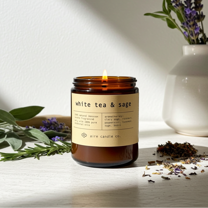 Candle labeled 'white tea & sage' with lavender, sage and rosemary on a white surface
