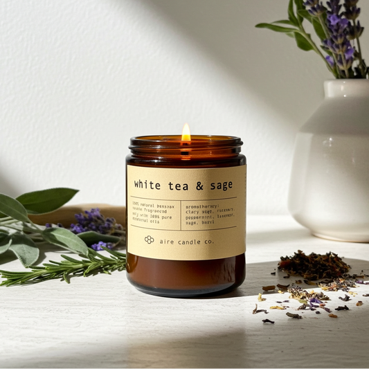 Candle labeled 'white tea & sage' with lavender, sage and rosemary on a white surface