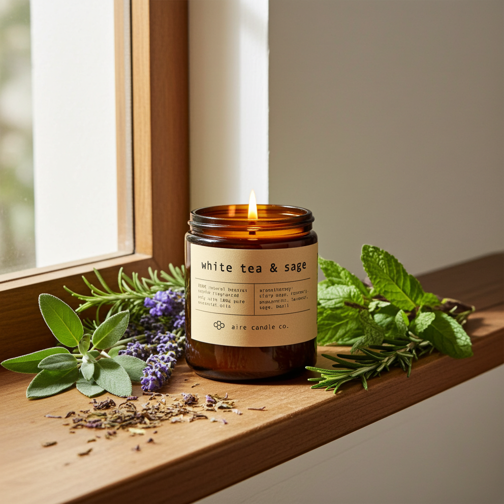Beeswax candle labeled 'White Tea & Sage' on a windowsill with herbs and lavender.