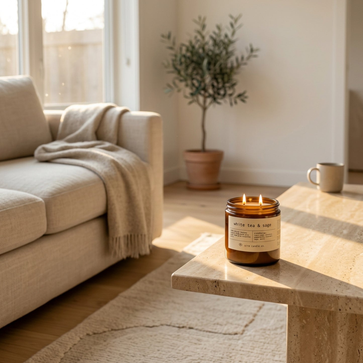 16 oz beeswax candle by aire candle co. labeled 'white tea & sage' on a travertine coffee table in a cozy living room.