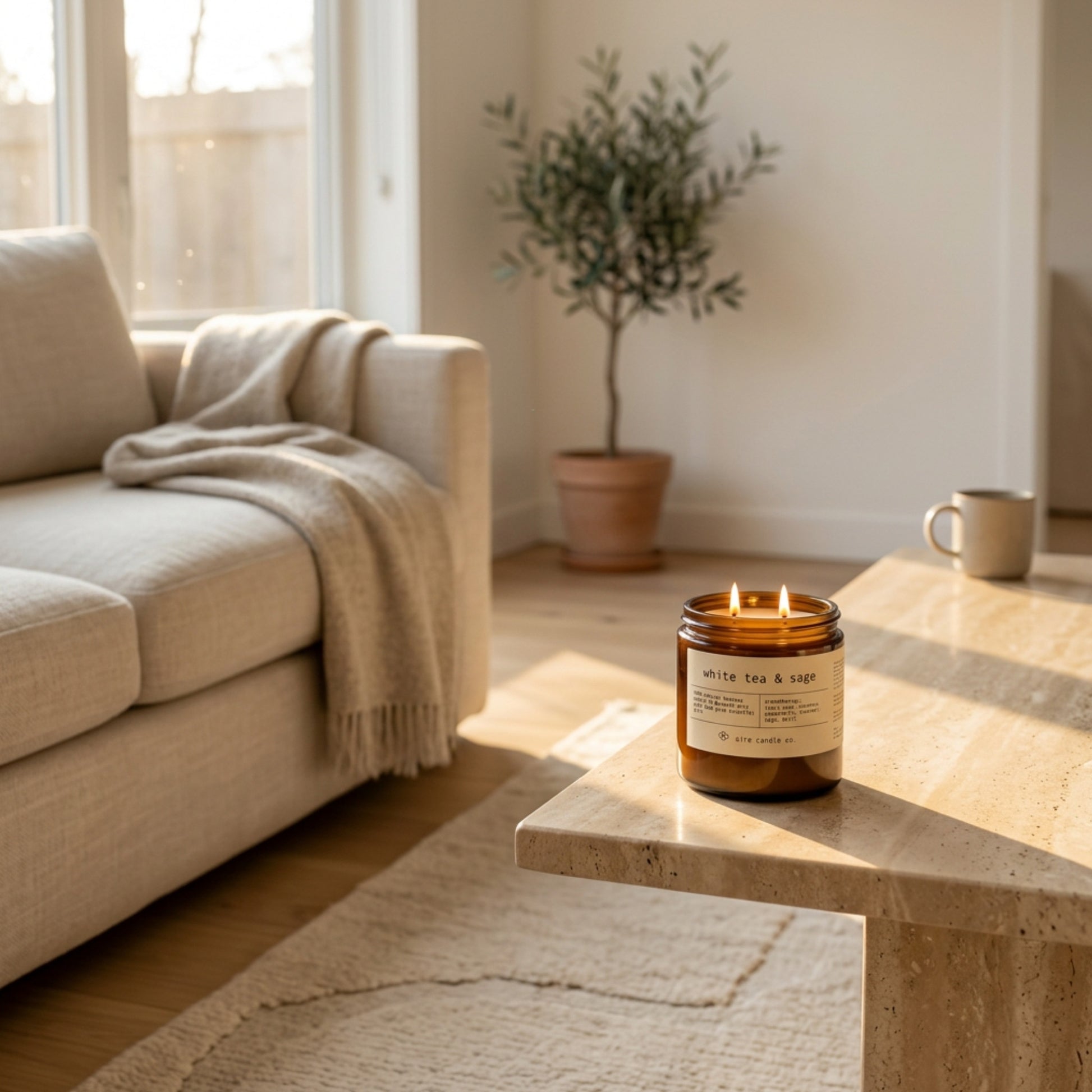 16 oz beeswax candle by aire candle co. labeled 'white tea & sage' on a travertine coffee table in a cozy living room.