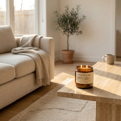 16 oz beeswax candle by aire candle co. labeled 'white tea & sage' on a travertine coffee table in a cozy living room.