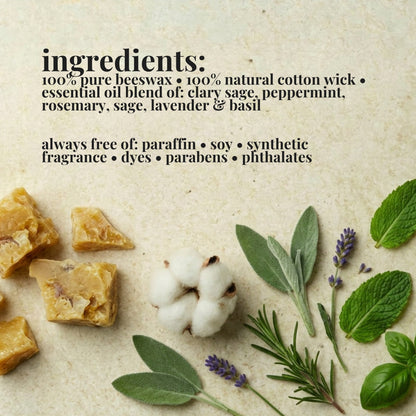 Ingredients list for aire candle co.'s white tea & sage essential oil scented beeswax candle with natural materials on a textured background